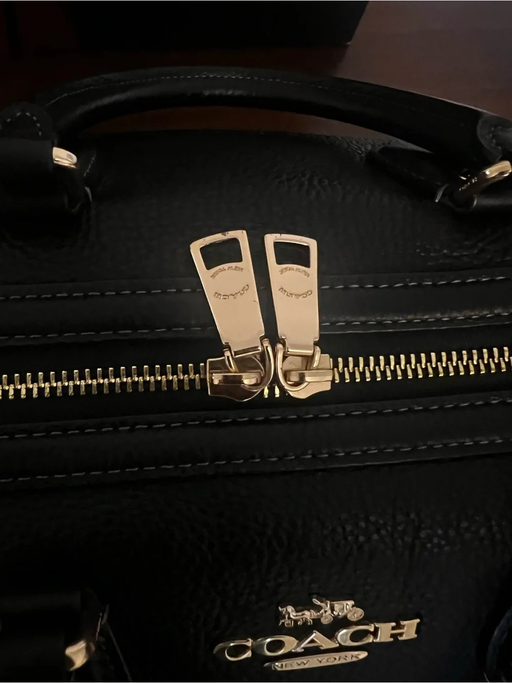 Authentic Coach Black Pebbled Leather Large Rowan Satchel with Gold Accents